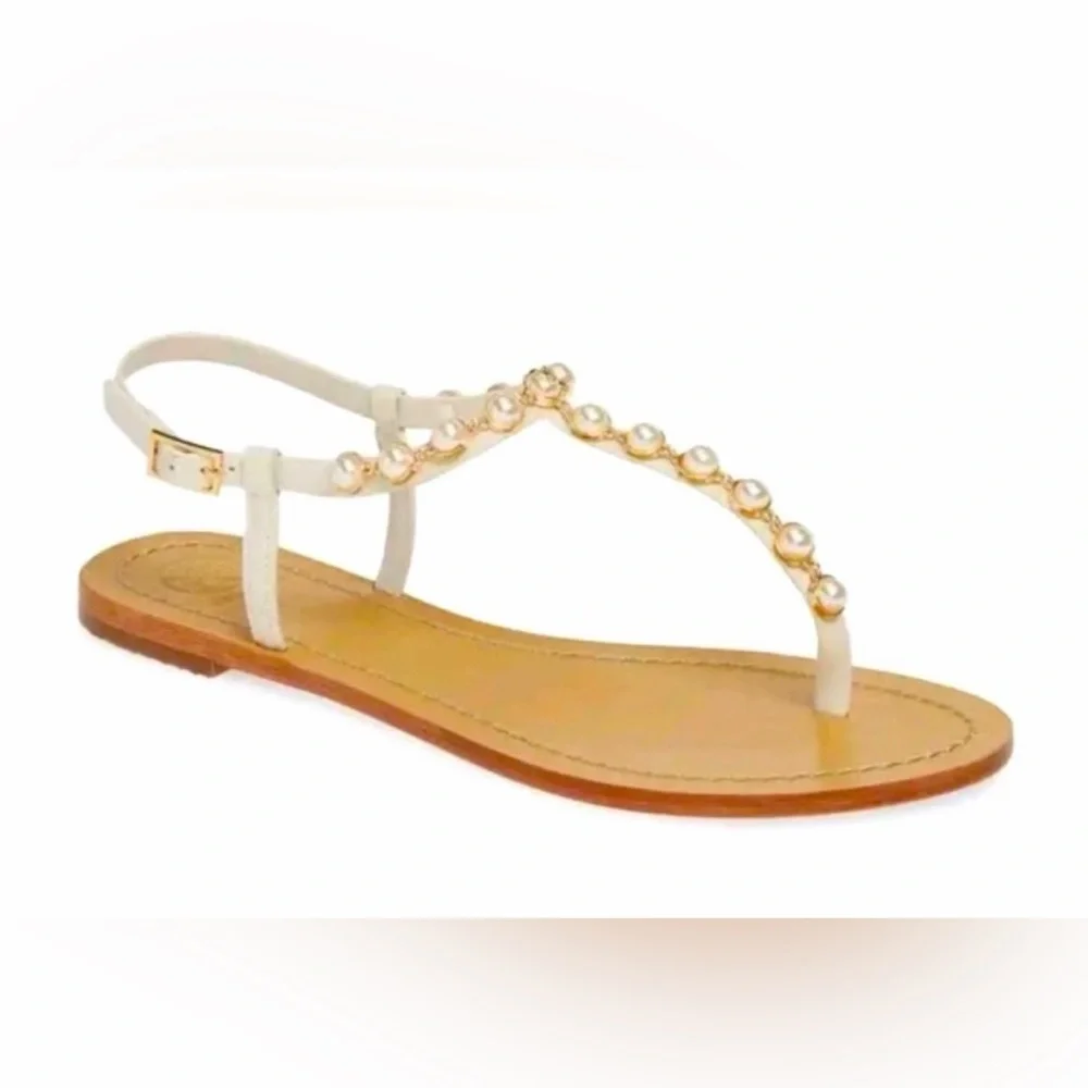 Tory Burch White Pearl-Trim T-Strap Sandals - Picture 1 of 4